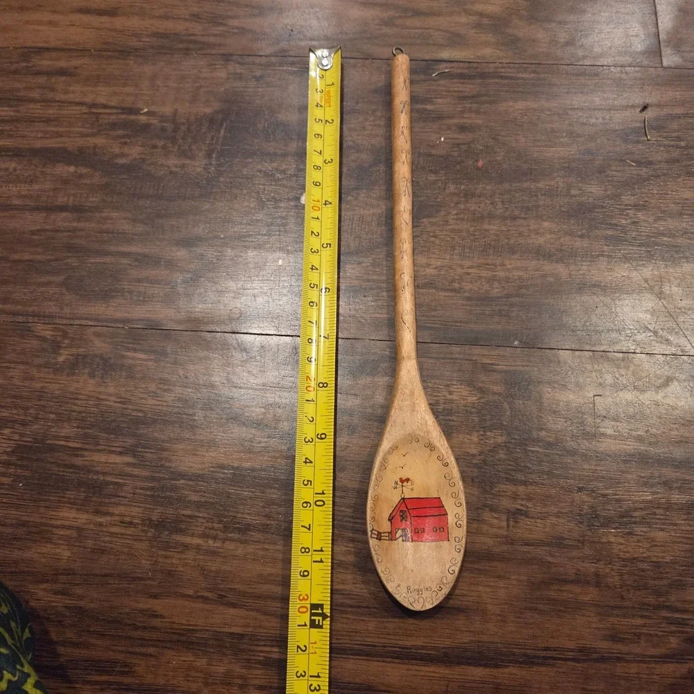 Antique Ruggles Hand Painted Wooden Spoon Red Barn Folk Art Wall Decor 12.5in
